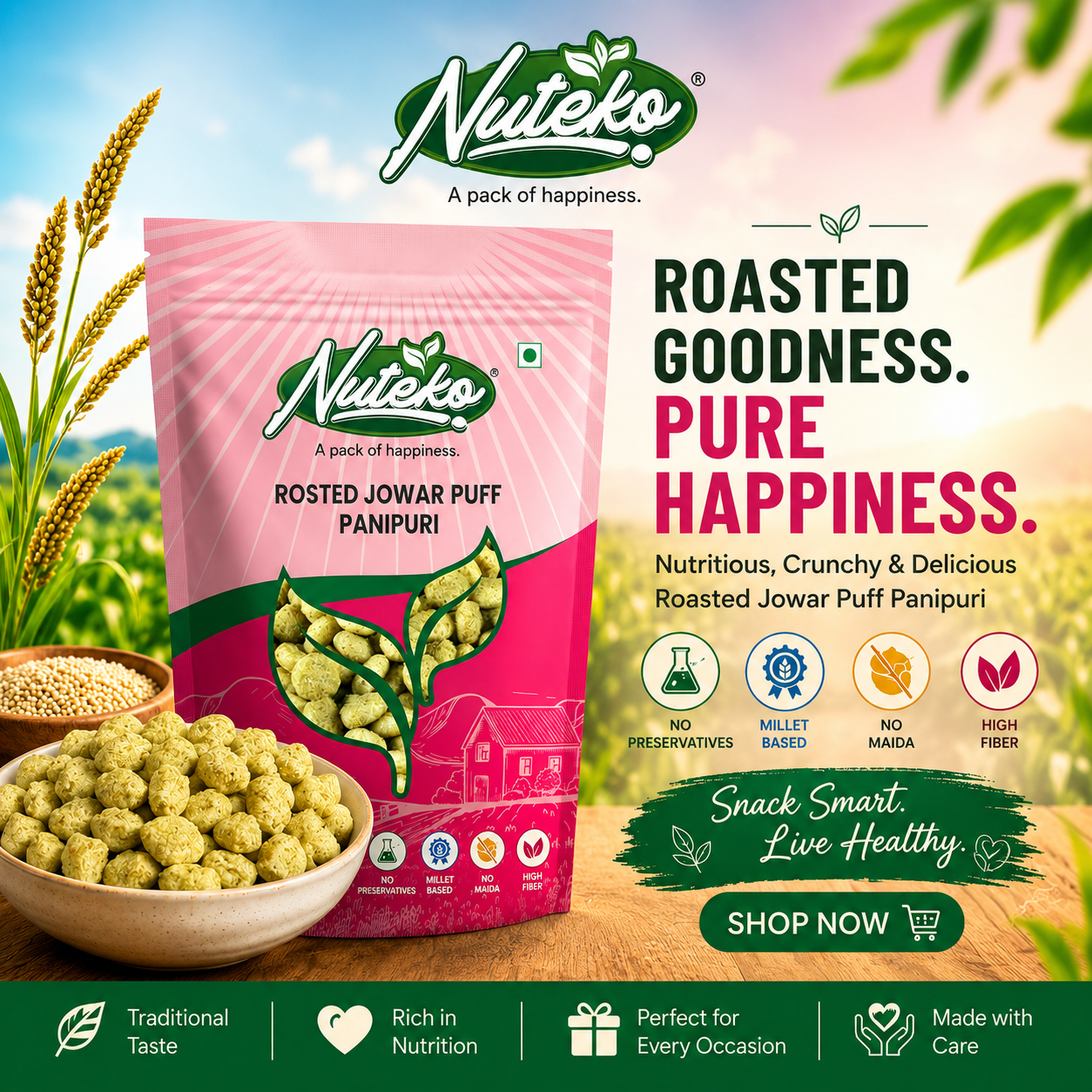 Roasted Jowar Puff – Pani Puri Flavour | Crunchy, Tangy & Healthy Millet Snack