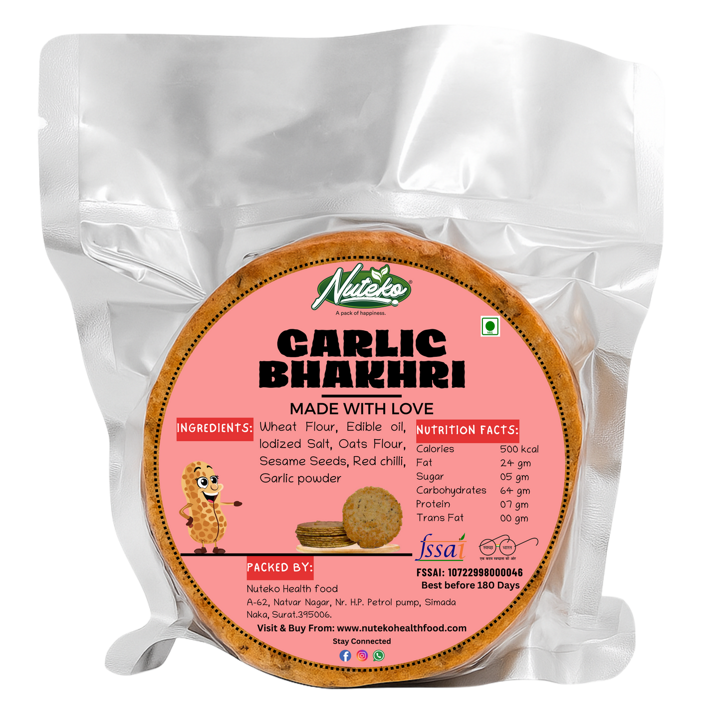 Garlic Bhakhri 200g | Roasted Garlic Whole Wheat Snack | Nuteko Health Food