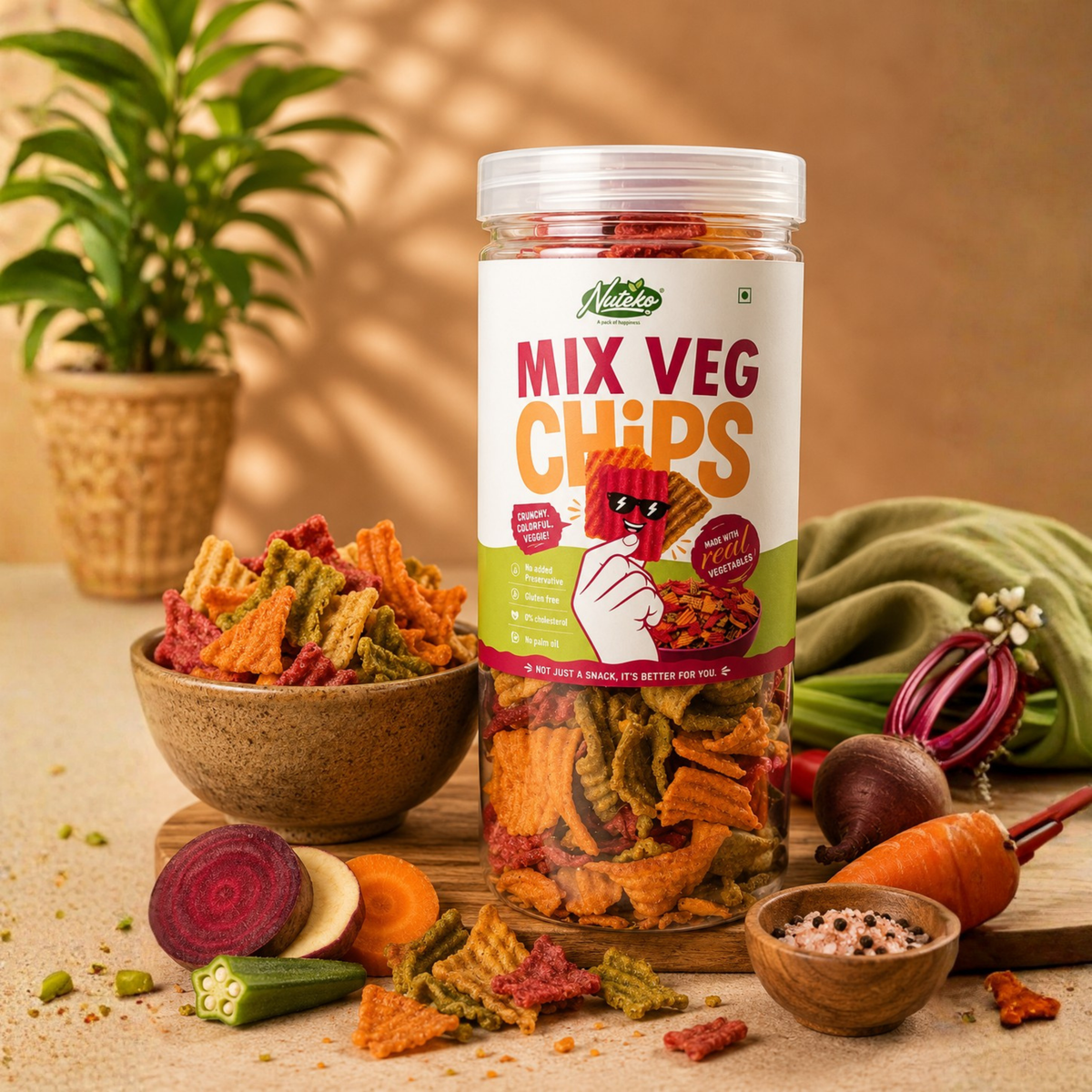 Nuteko Mix Veg Chips 130gm | Healthy Mixed Vegetable Chips | Crunchy Veg Snack | Gluten-Free | No Palm Oil | Premium Healthy Snack